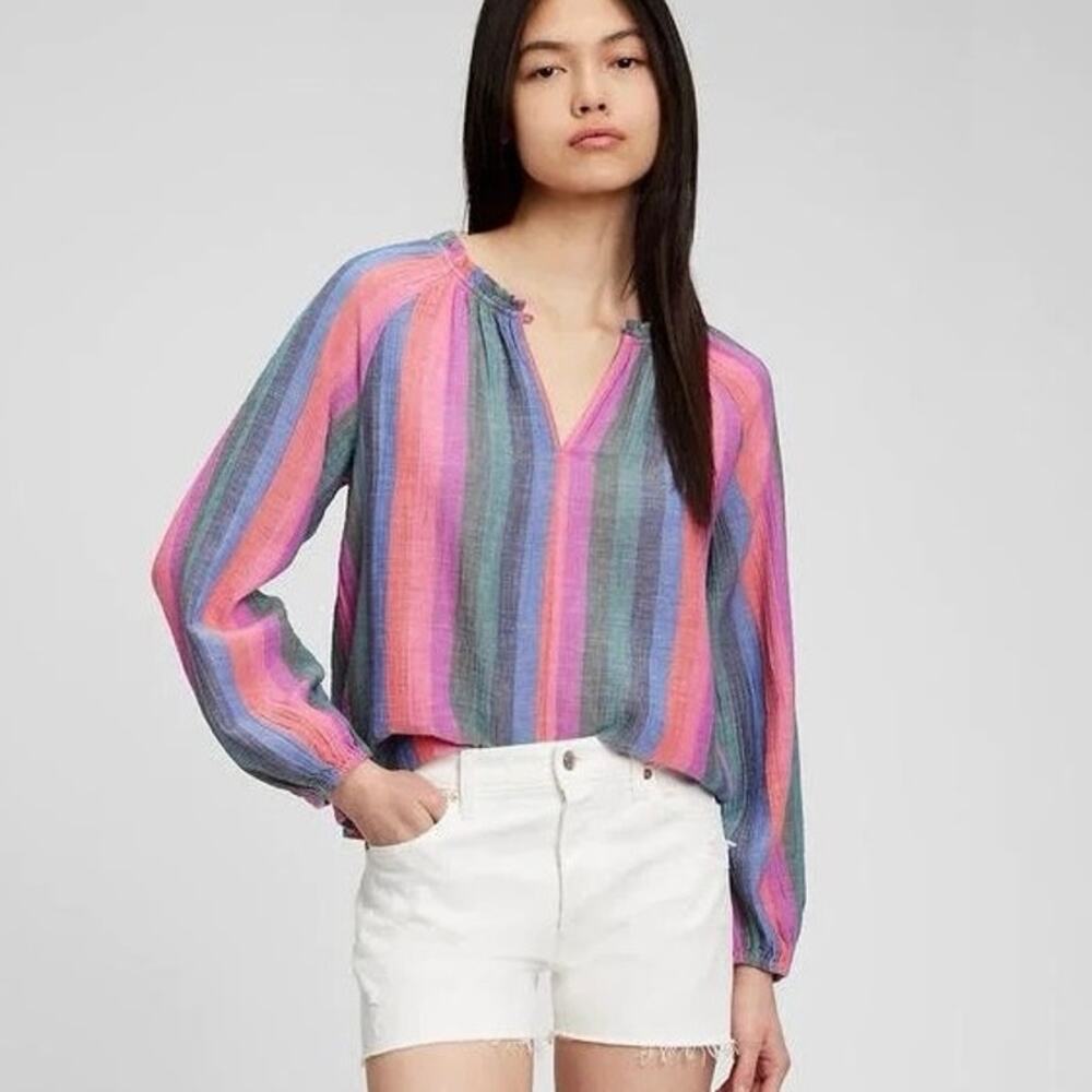 New GAP Blouse Top Womens Small Striped Cotton Crinkle Guaze Ruffle Neck